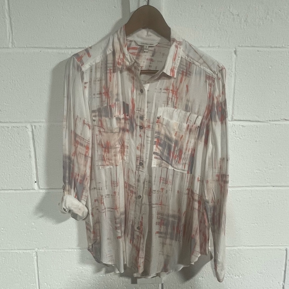 Calvin Klein Multicolor Pattern Button Down Blouse Sz Medium